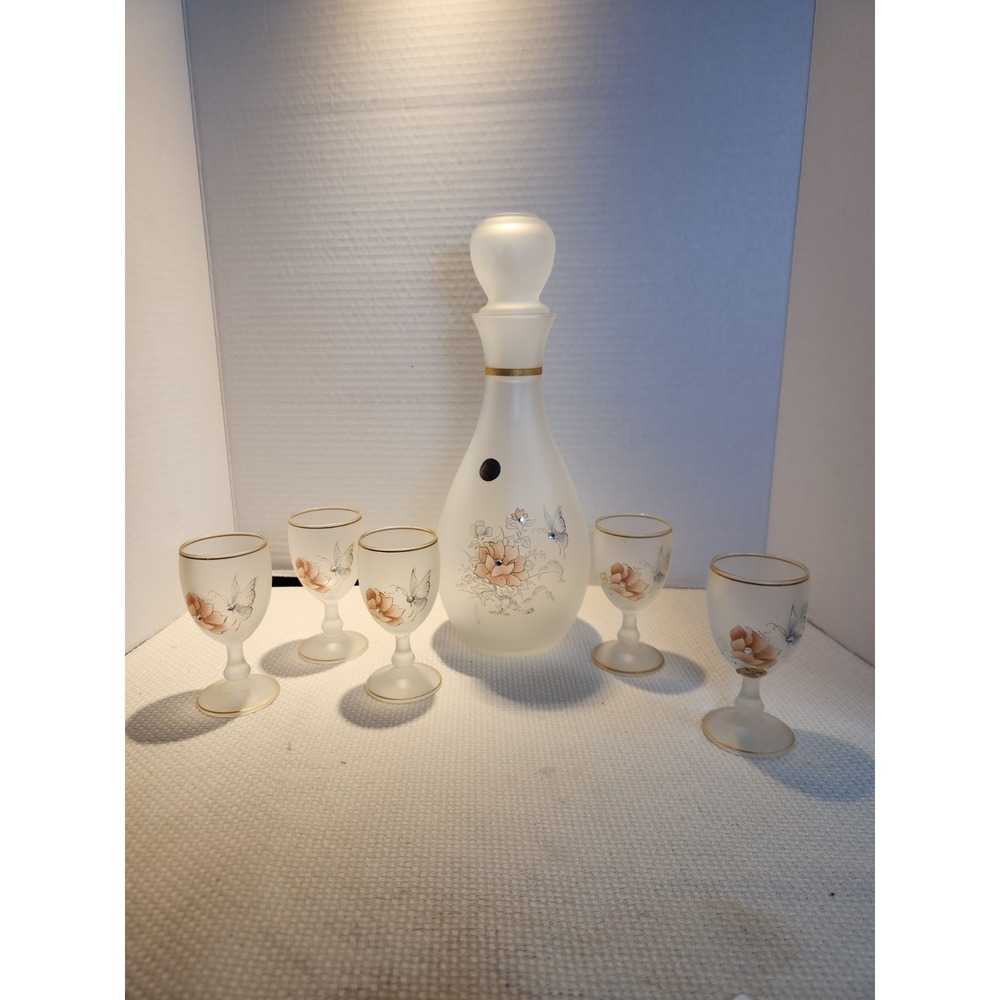 Vintage Frosted‎ Satin Glass Butterfly +Flowers 7-Piece Gem Decanter